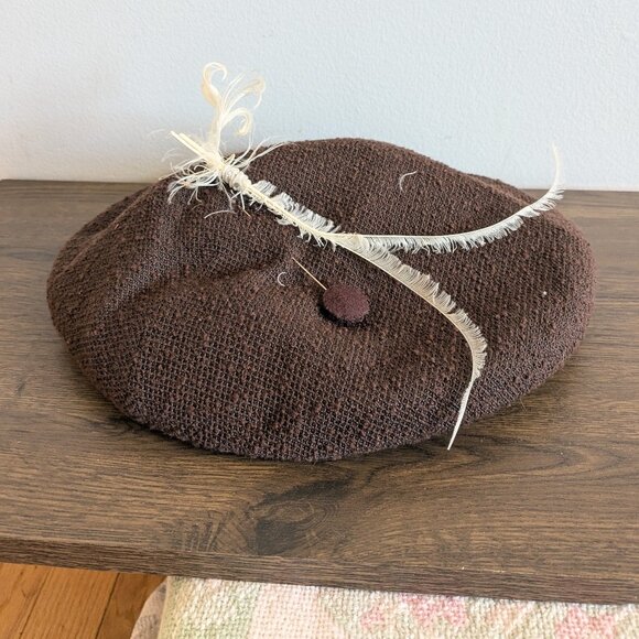 vintage 60s jedwins of ogden brown wool hat feather w pin beret  inside measures main image 4